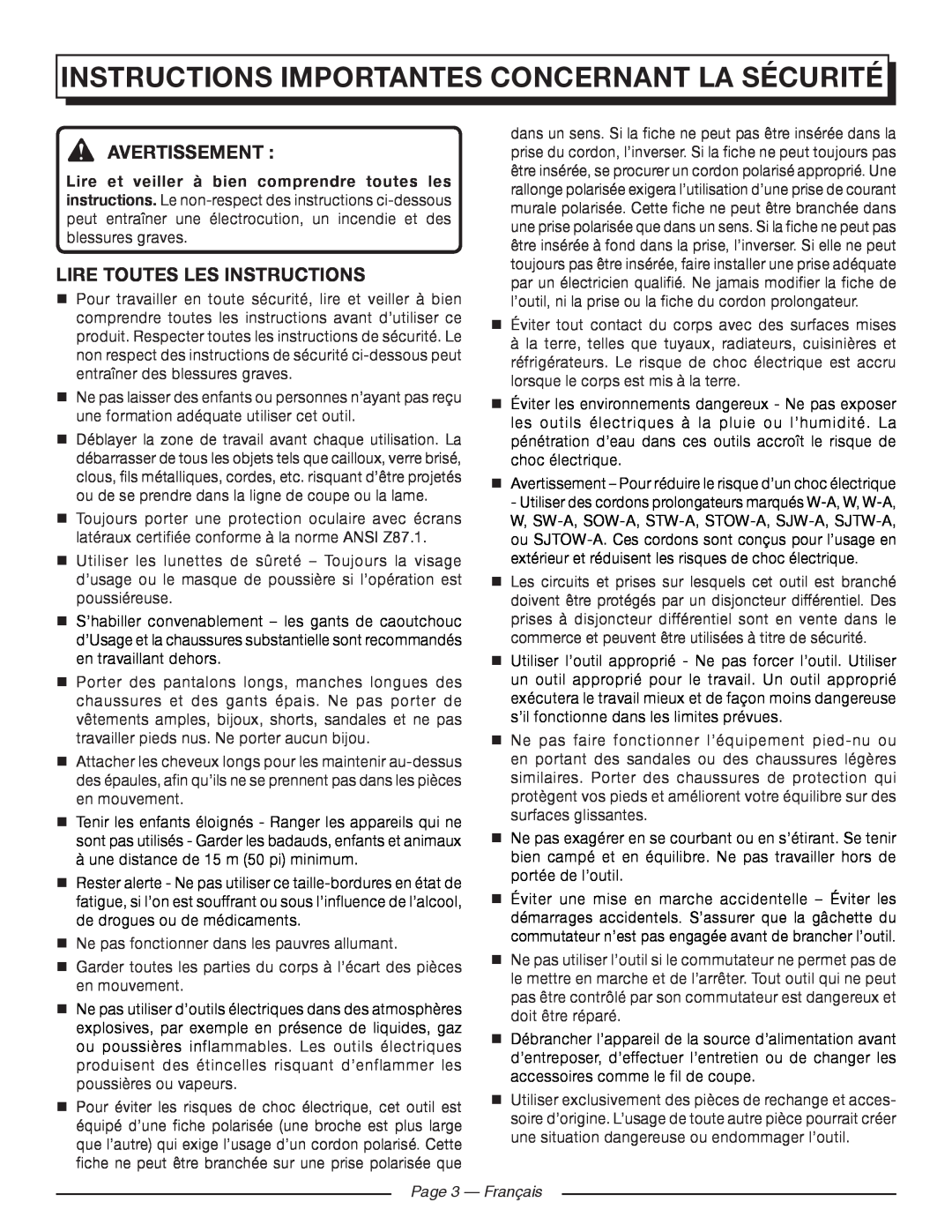 Homelite UT41120 Instructions Importantes Concernant La Sécurité, Avertissement , Lire Toutes Les Instructions 